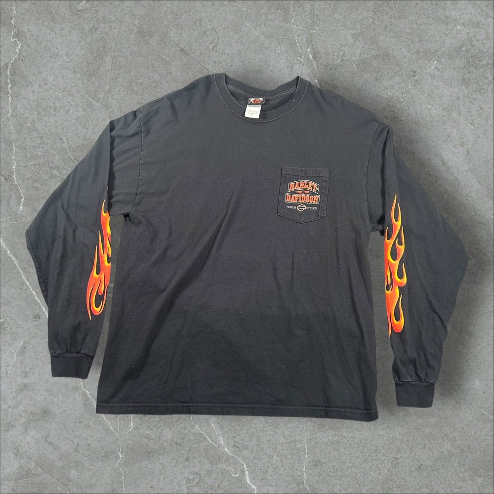Harley-Davidson Long Sleeve Shirt Mens XL Black Flame Sleeve Electric City 2005